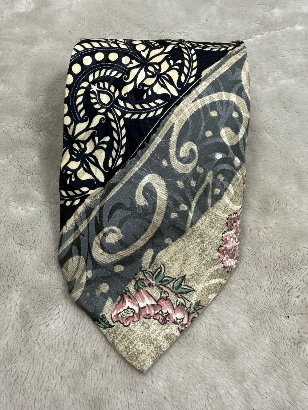 Hubert Milano Patterned Floral & Paisley Silk Tie in Navy, Gray, Cream, Pink